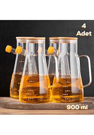 Porsima 401275 4'lü Alisa Bambu Kapaklı Borosilikat Ölçekli Cam Yağlık Silikon Tabanlı Yağdanlık 900 ML